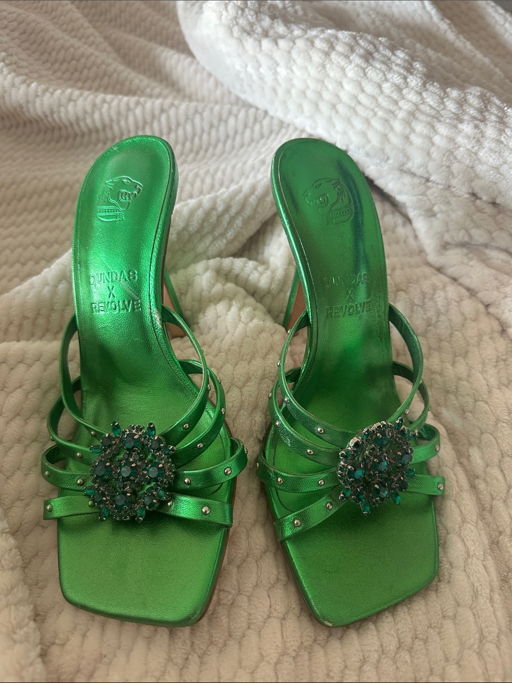 REVOLVE Metallic Emerald Green Jeweled Strappy Mules